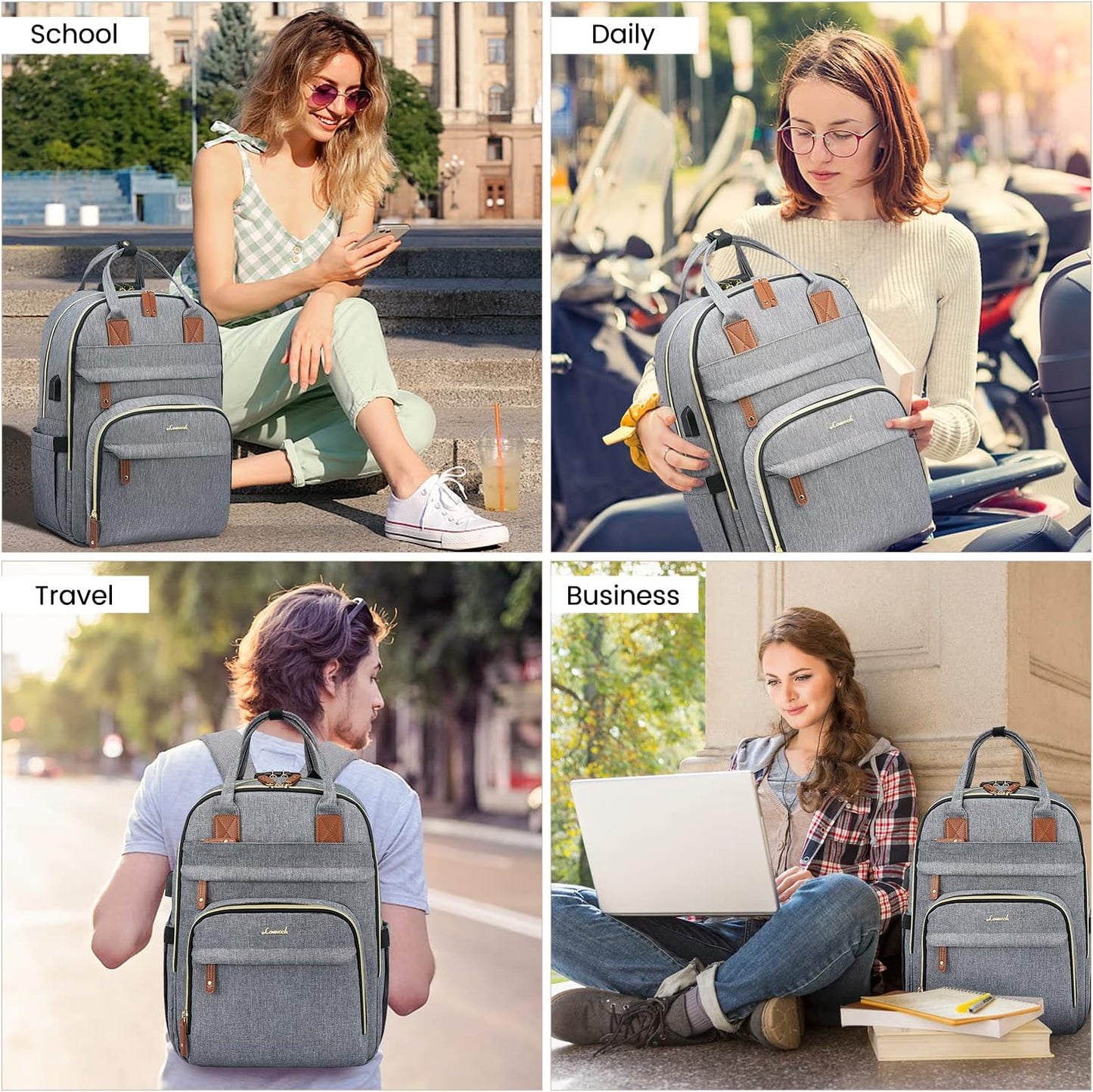 Laptop Backpack for Women & Men, Unisex Travel Anti-Theft Work Business Computer College Bag Purse, Casual Hiking Outdoor Carry on Daypack with Lock, Fits 15.6 Inch Laptop, Grey