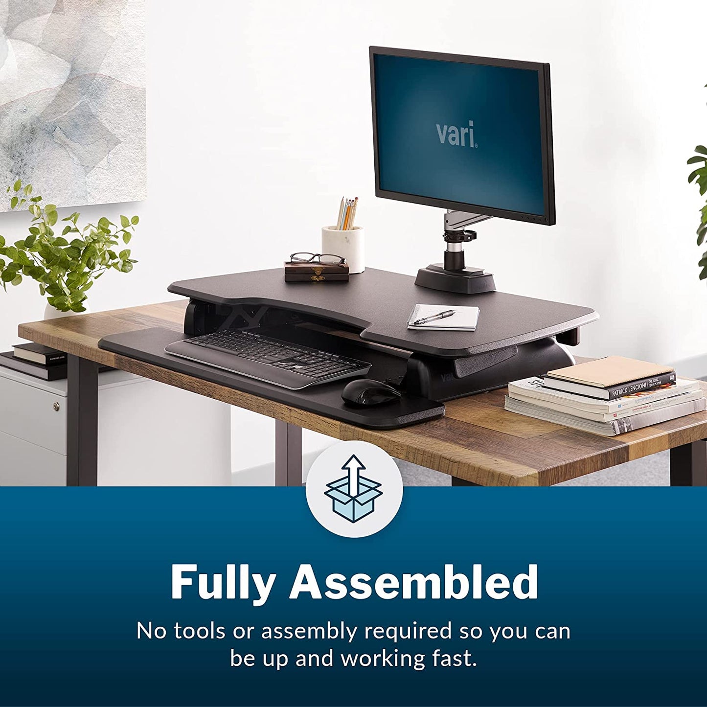 - desk Essential 36 - Two-Tier Standing Desk Converter for Monitor & Accessories - Height Adjustable Sit Stand Desk - Fully Assembled Monitor Riser for Home Office - 36" Wide, Black