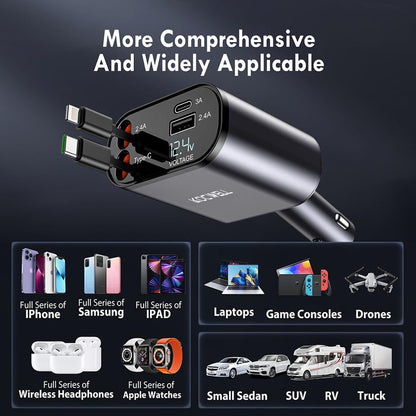 Retractable Car Charger, 100W 4 in 1 Super Fast Charge Car Phone Charger,Retractable Cables (31.5 Inch) and 2 USB Ports Car Charger Adapter for Iphone 15/14/13/12 Pro Max Xr,Ipad,Samsung,Pixel