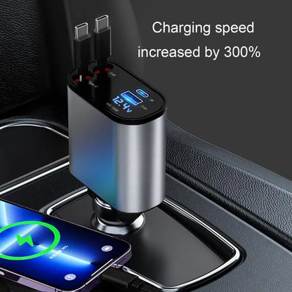 Retractable Car Charger 4In1 Fast Car Phone Charger 100W Retractable Cables 2 USB Ports Car Charger Adapter for All Smartphone