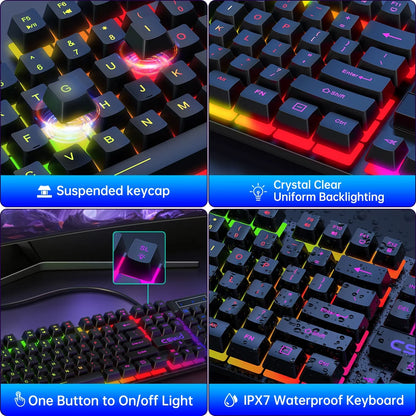 Gaming Keyboard & Mouse, 104 Keys Rainbow LED RGB Backlit Quiet Computer Keyboard, Multimedia Keys, 26 Anti-Ghosting Keys, Waterproof Light up USB Wired Keyboard for PC Gamers Desktop Computer Laptop