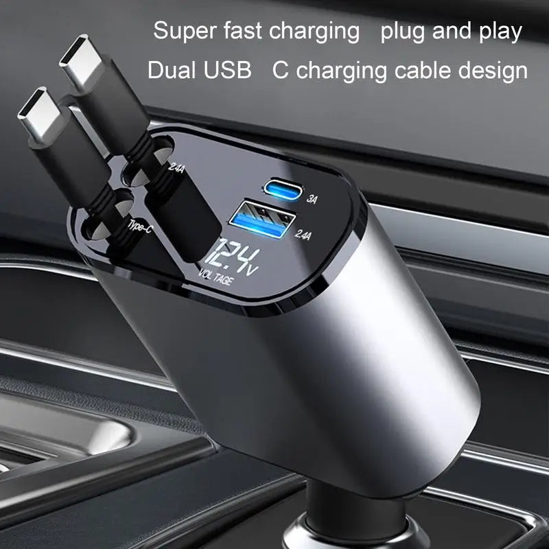 Retractable Car Charger 4In1 Fast Car Phone Charger 100W Retractable Cables 2 USB Ports Car Charger Adapter for All Smartphone