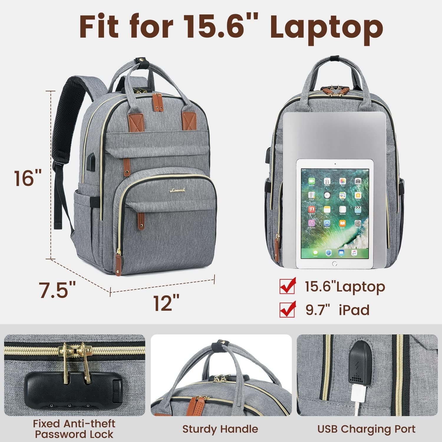 Laptop Backpack for Women & Men, Unisex Travel Anti-Theft Work Business Computer College Bag Purse, Casual Hiking Outdoor Carry on Daypack with Lock, Fits 15.6 Inch Laptop, Grey