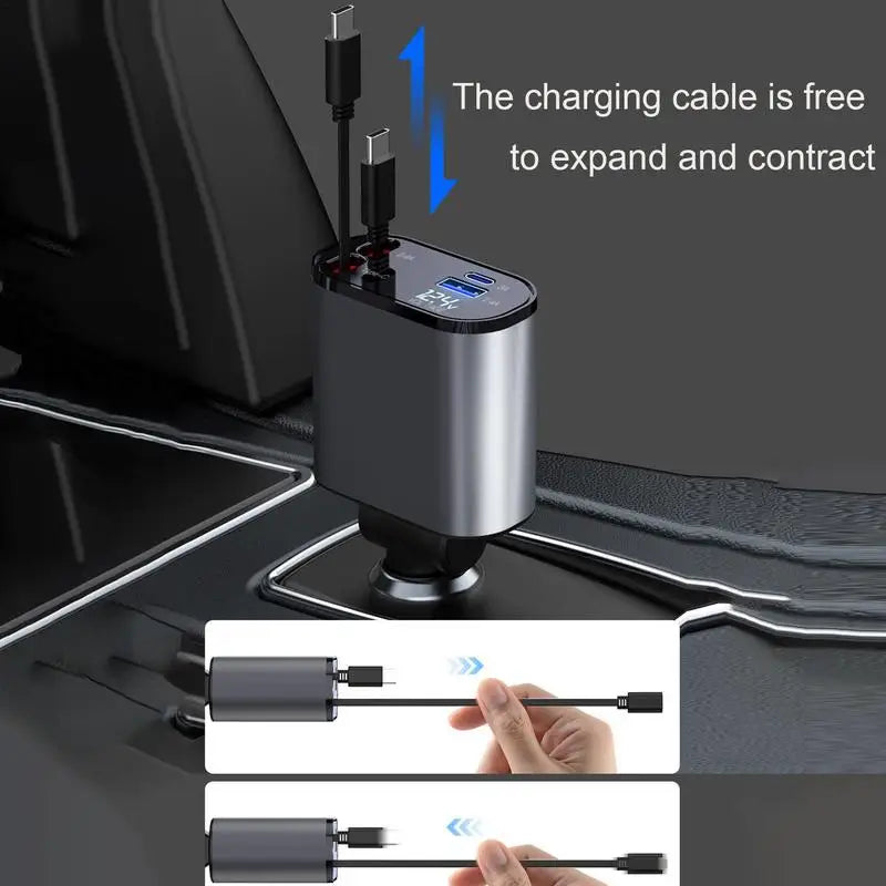 Retractable Car Charger 4In1 Fast Car Phone Charger 100W Retractable Cables 2 USB Ports Car Charger Adapter for All Smartphone