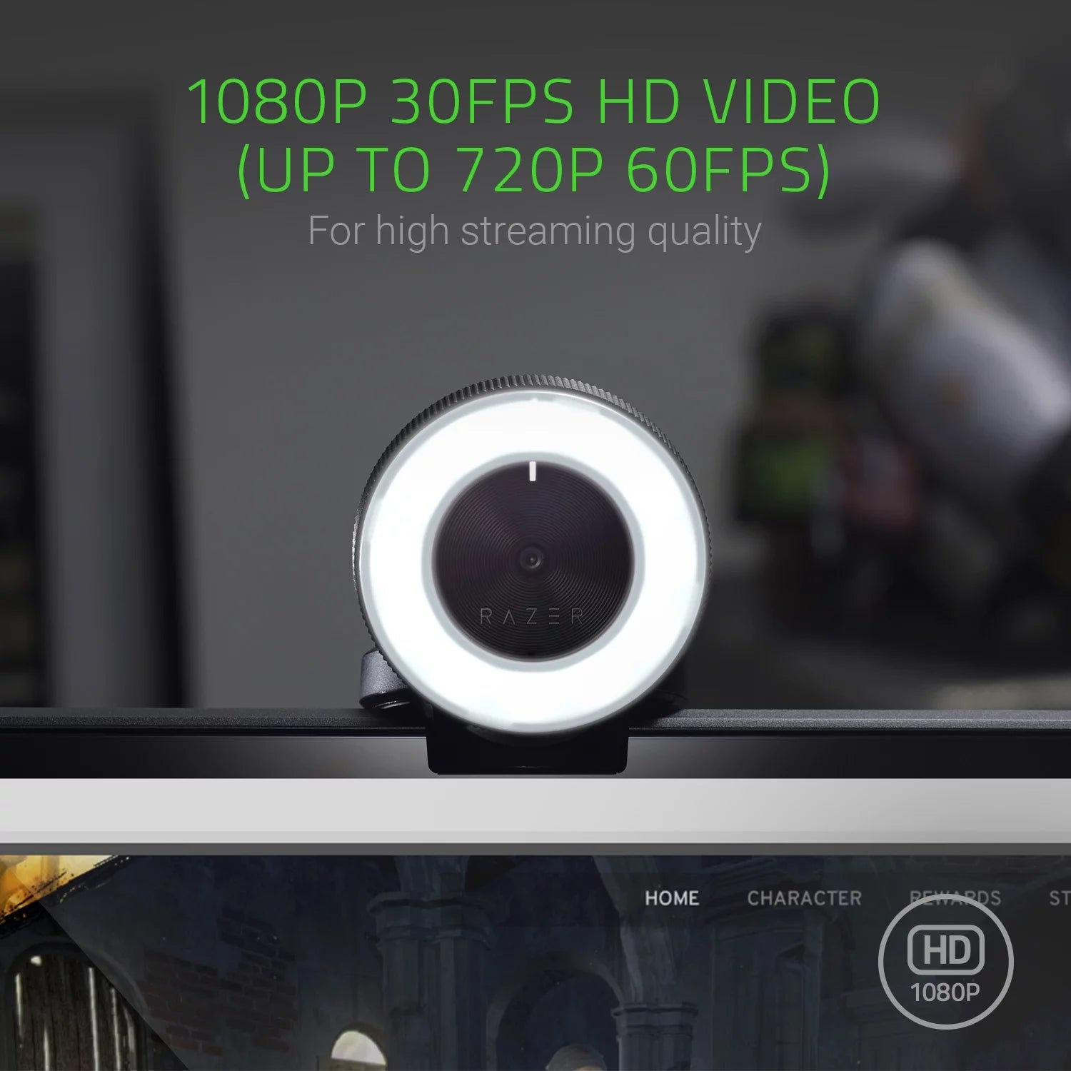 Kiyo Streaming Webcam, Full HD, Auto Focus, Ring Light with Adjustable Brightness, Black